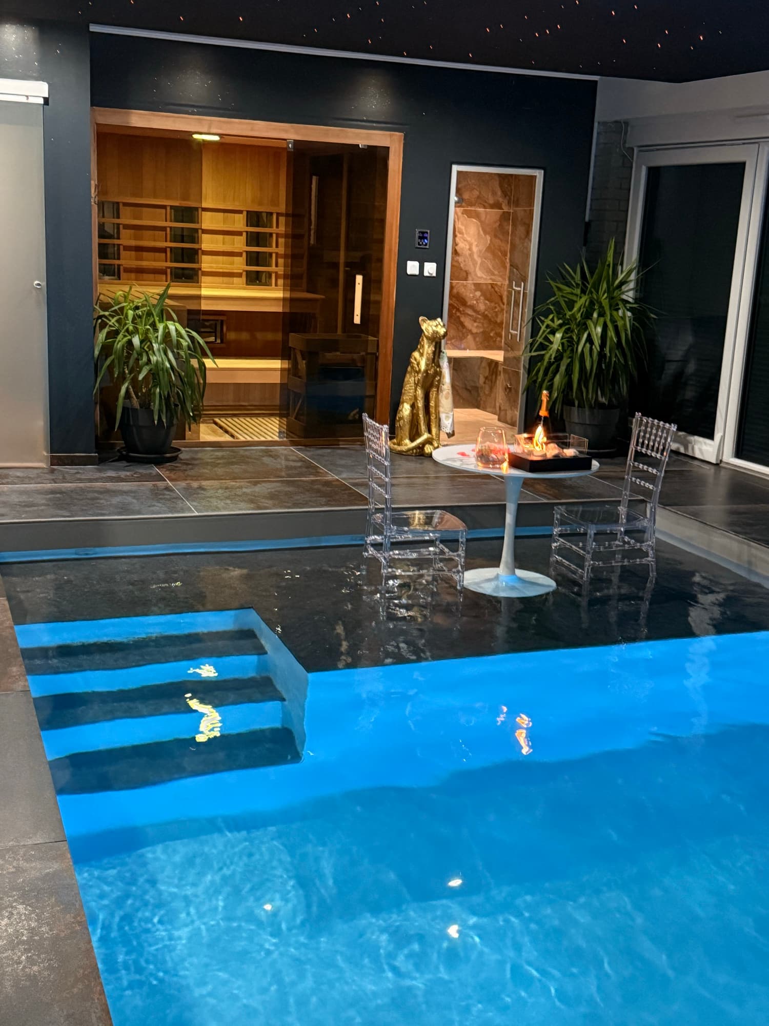Piscine intérieure et espace sauna réalisés par Bâti Pool